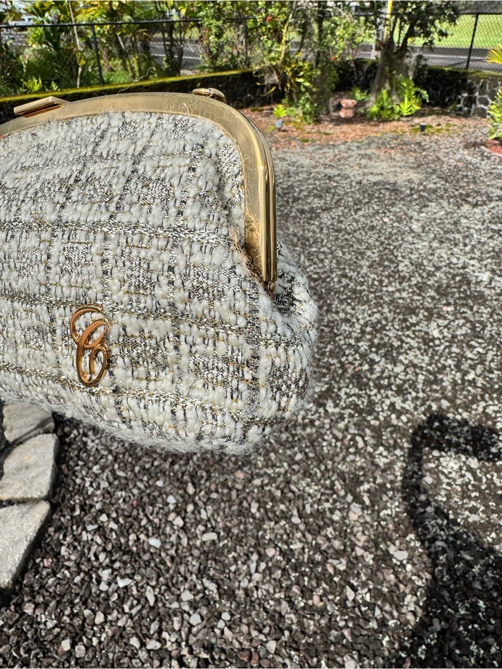Chloé with COA Tweed Frame Clutch Chain Shoulder Bag Cream Gold Made in Italy - Picture 7 of 17